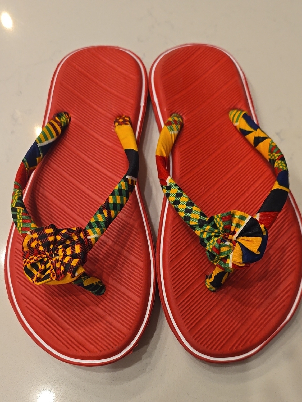Red Flip Flop Sandals with Colorful Kente-Style Straps